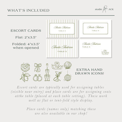 a collection of table settings and table cards, including flat cards and folded cards, as well as hand-drawn icons. The cards are typically used for assigning tables near the entrance and seating at the table, and place cards are for assigning seats at the table. These work well as flat or tent-fold style display. The cards are available in the shop, and place cards ( Names only) matching these are also available in the shop.
