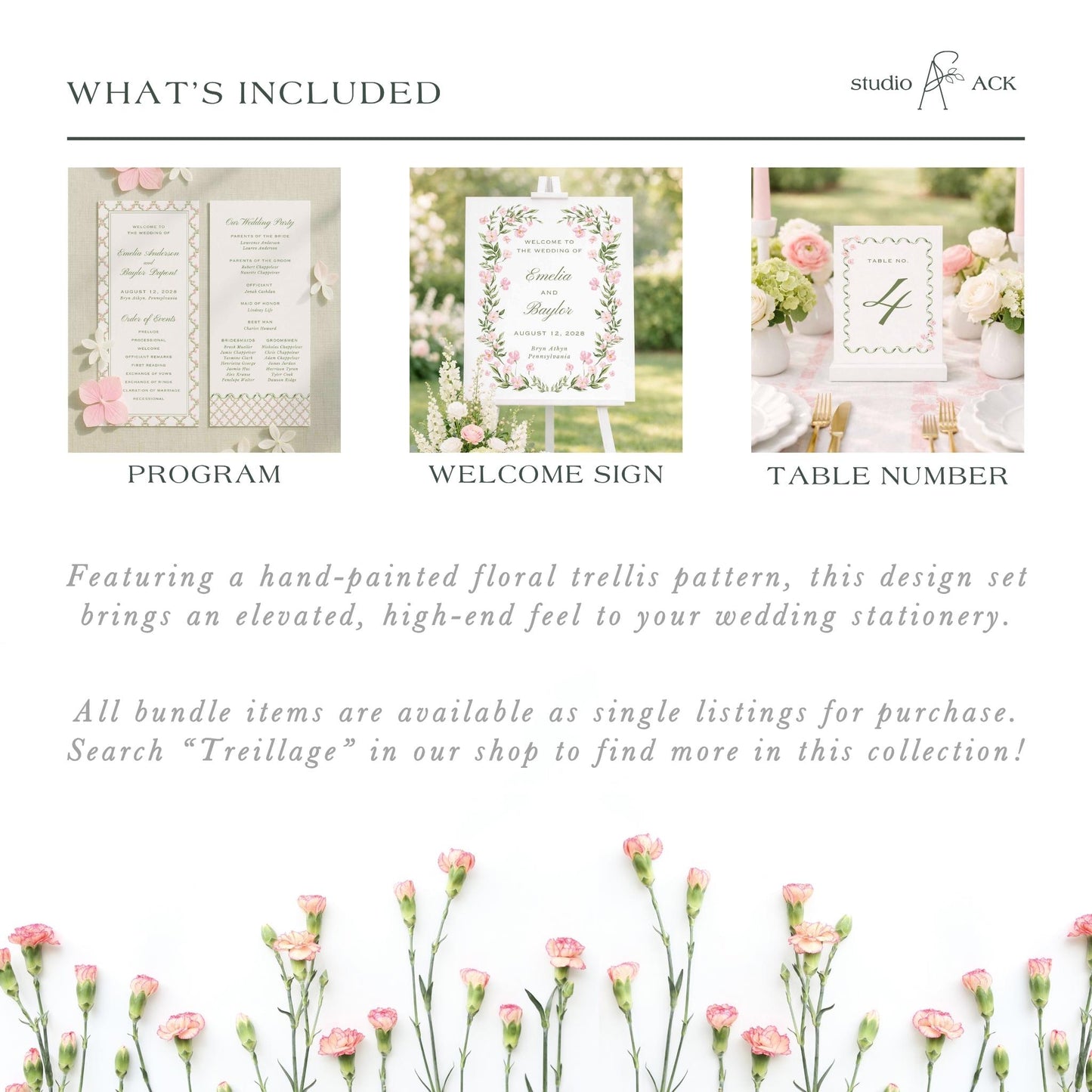 The image is a collage of three wedding stationery items, including a program, a welcome sign, and a table number. The items are available as single listings for purchase and can be found in the shop.