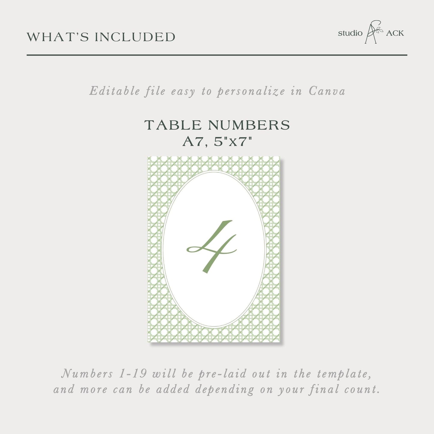 Green Rattan Wedding Table Number Template