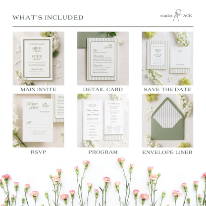 The image is a collage of six wedding invitation designs, each with different details and features, including the main invite, detail card, save the date, RSVP, program, and envelope liner.