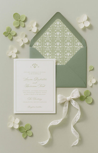 a wedding invitation card with a green envelope, white flowers, and a white ribbon.