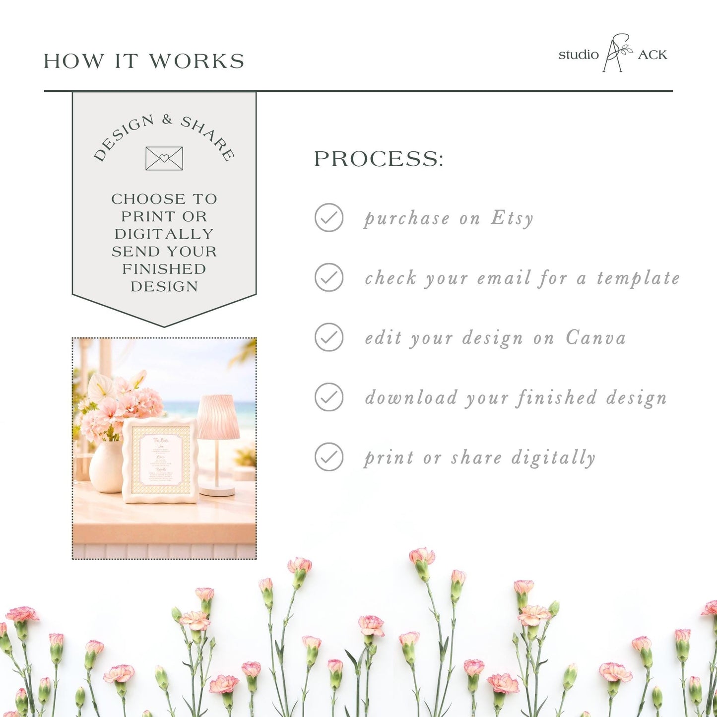 The image is a collage of various images, including a floral arrangement, a lamp, and a vase, all set against a white background with pink flowers.
