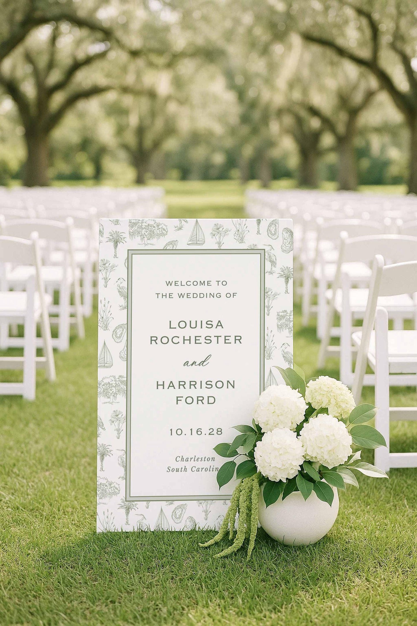 Printable southern toile wedding welcome sign template featuring intricate illustrations of coastal motifs—palmetto trees, egrets, oysters, sailboats, oak trees, and marsh grasses—arranged in a refined toile border. Displayed at an outdoor wedding with oak trees and hydrangeas. Canva-editable design ideal for southern or coastal wedding entrances, reception areas, and fine art stationery suites.