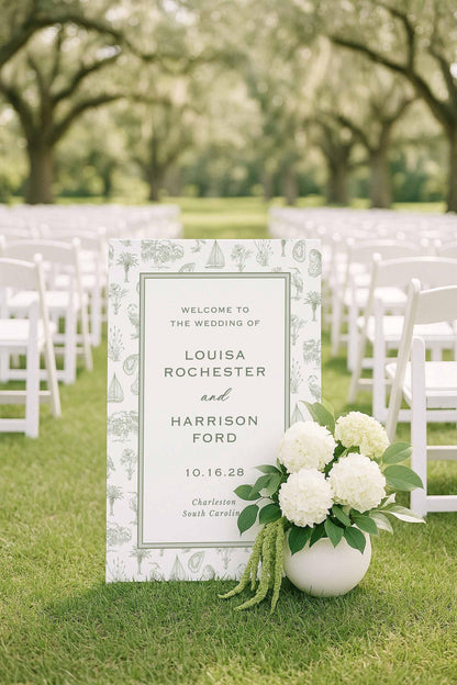 Printable southern toile wedding welcome sign template featuring intricate illustrations of coastal motifs—palmetto trees, egrets, oysters, sailboats, oak trees, and marsh grasses—arranged in a refined toile border. Displayed at an outdoor wedding with oak trees and hydrangeas. Canva-editable design ideal for southern or coastal wedding entrances, reception areas, and fine art stationery suites.