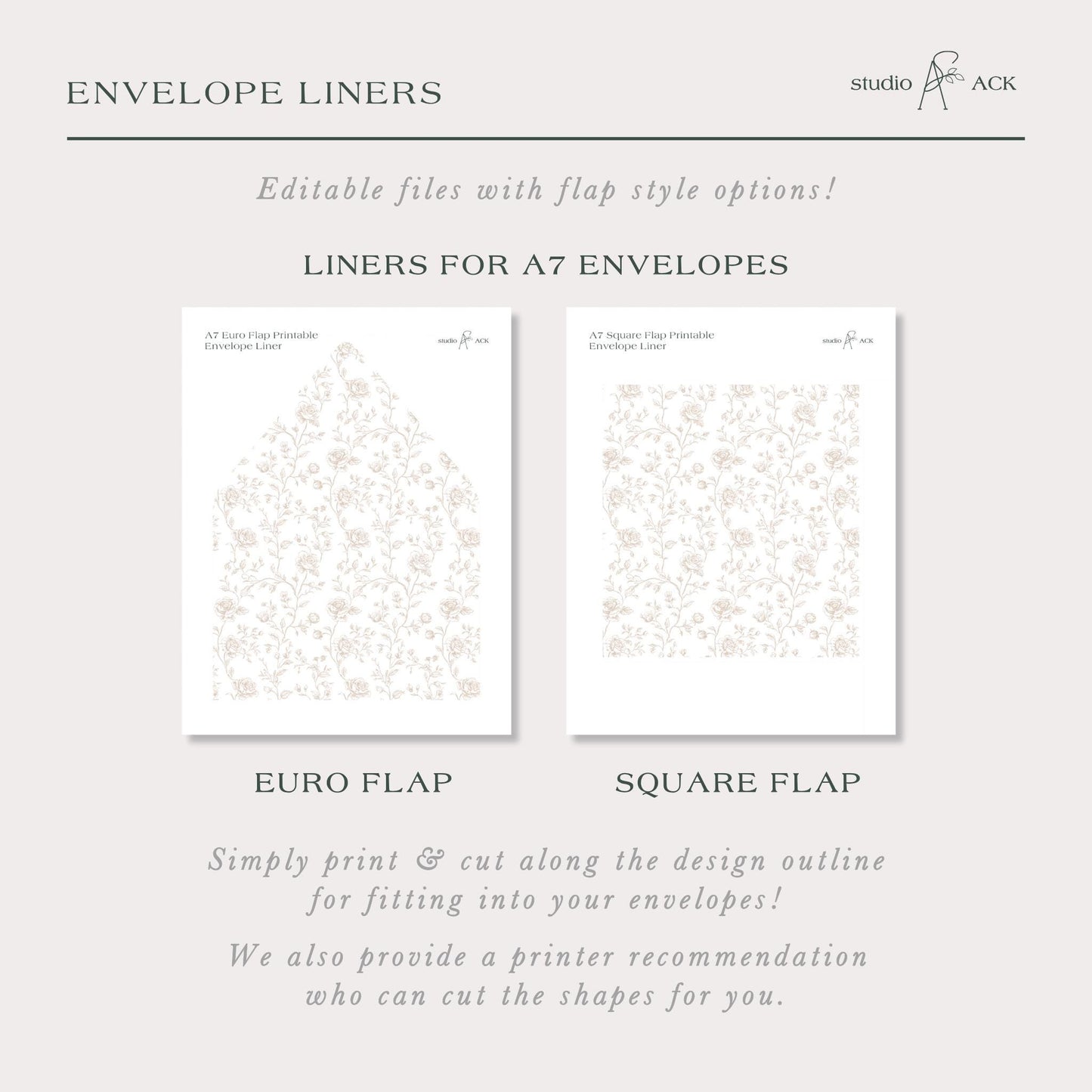 The image is a collection of two envelope liners, each with a different design and style, that can be used to create A7 envelopes.