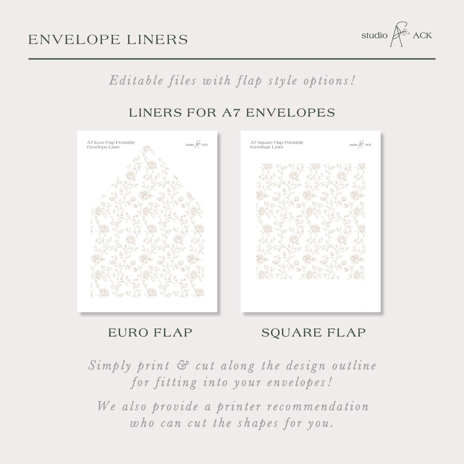 The image is a collection of two envelope liners, each with a different design and style, that can be used to create A7 envelopes.
