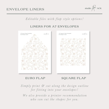 The image is a collection of two envelope liners, each with a different design and style, that can be used to create A7 envelopes.