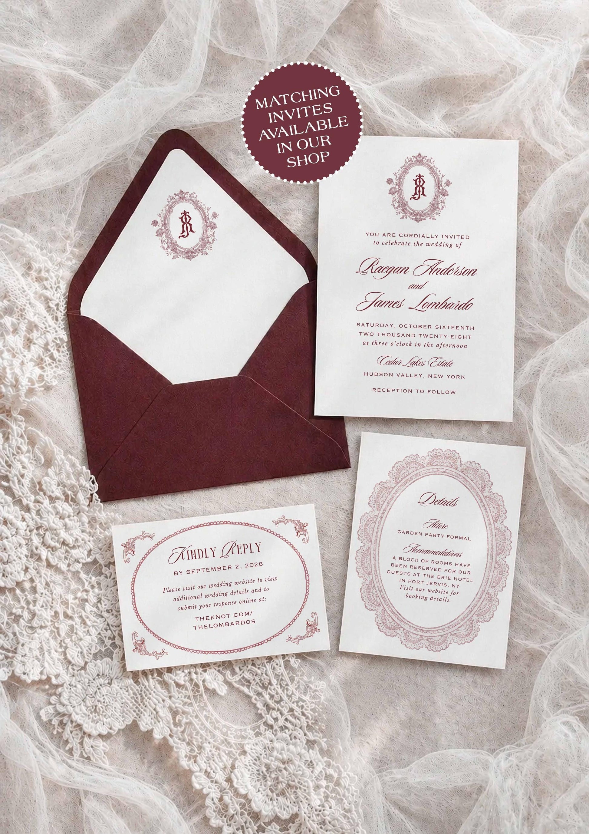 a collection of wedding invitation cards and envelopes arranged on a lace background.