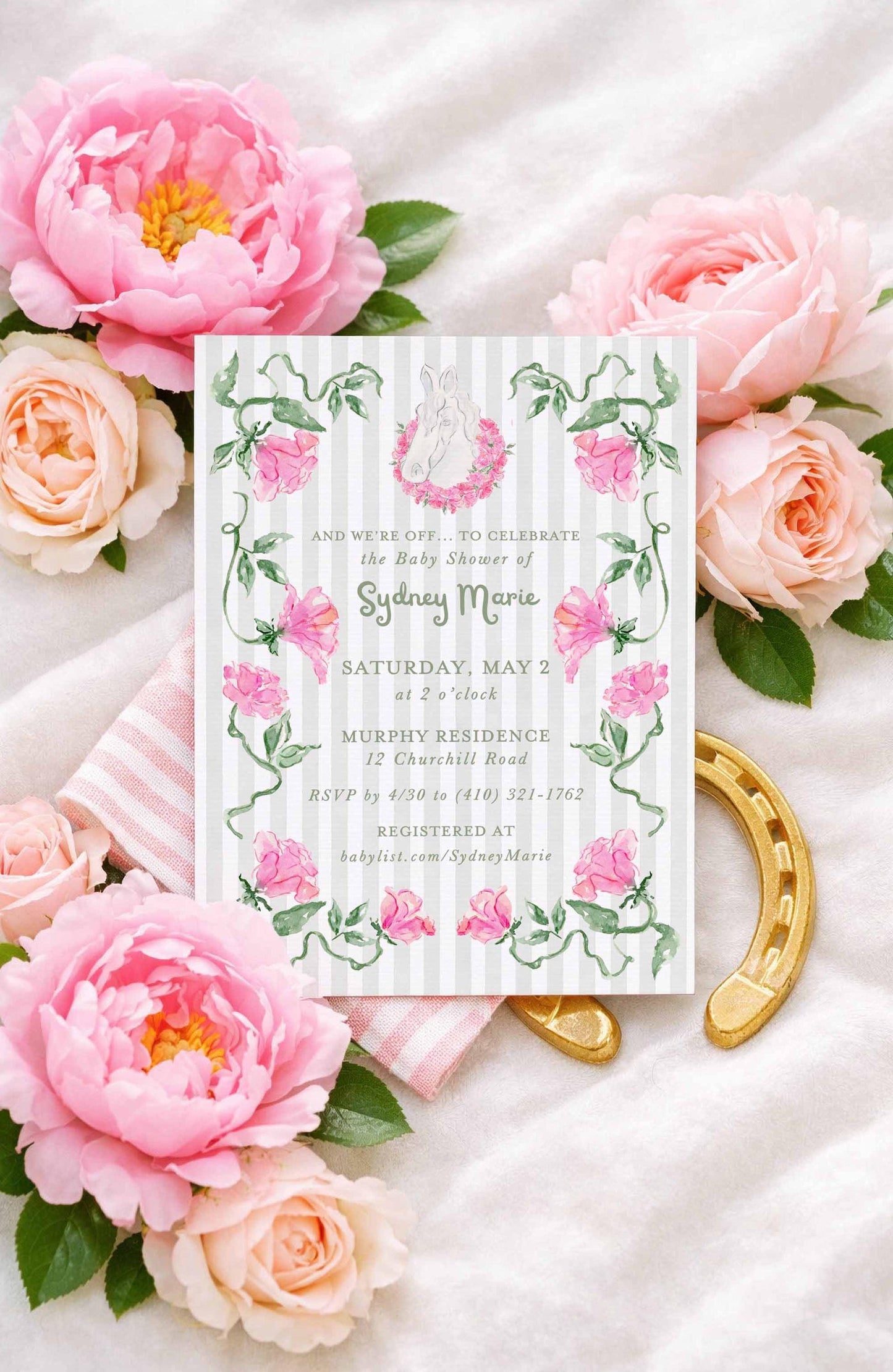 Striped Baby Shower Invitation Template | Green or Pink