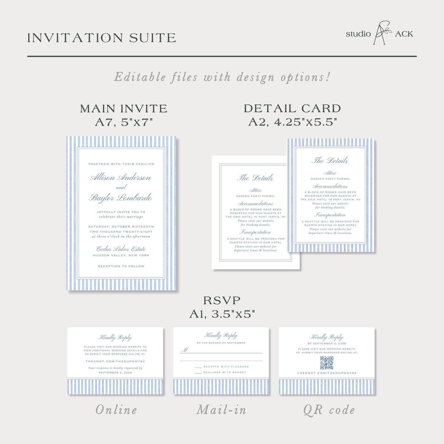 a collection of wedding invitation suite designs, including the main invitee, detail card, RSVP, and online and mail-in options.