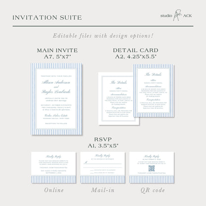 a collection of wedding invitation suite designs, including the main invitee, detail card, RSVP, and online and mail-in options.