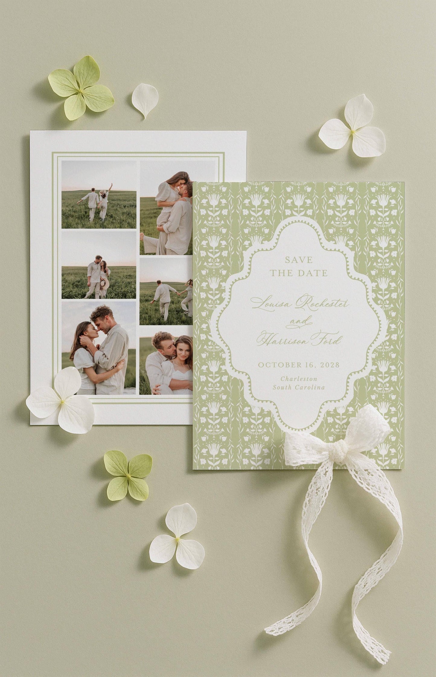 a wedding invitation with a floral design, a photo collage, and some white flowers on a light green background.