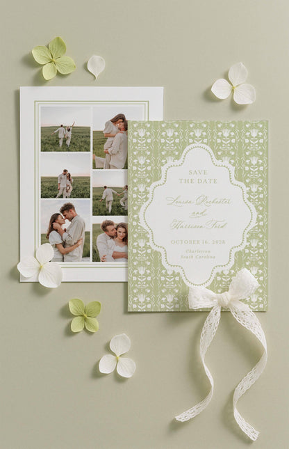 a wedding invitation with a floral design, a photo collage, and some white flowers on a light green background.