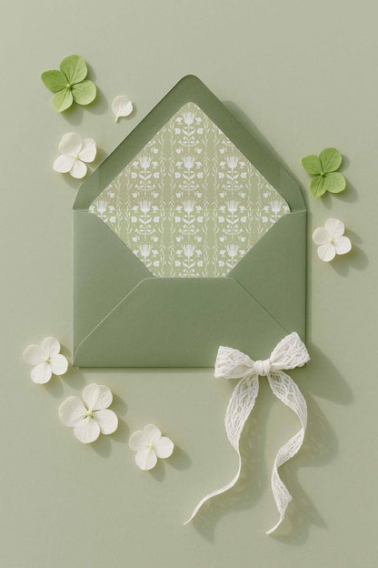 a green envelope with a white lace bow, surrounded by white flowers and green leaves on a light green background.