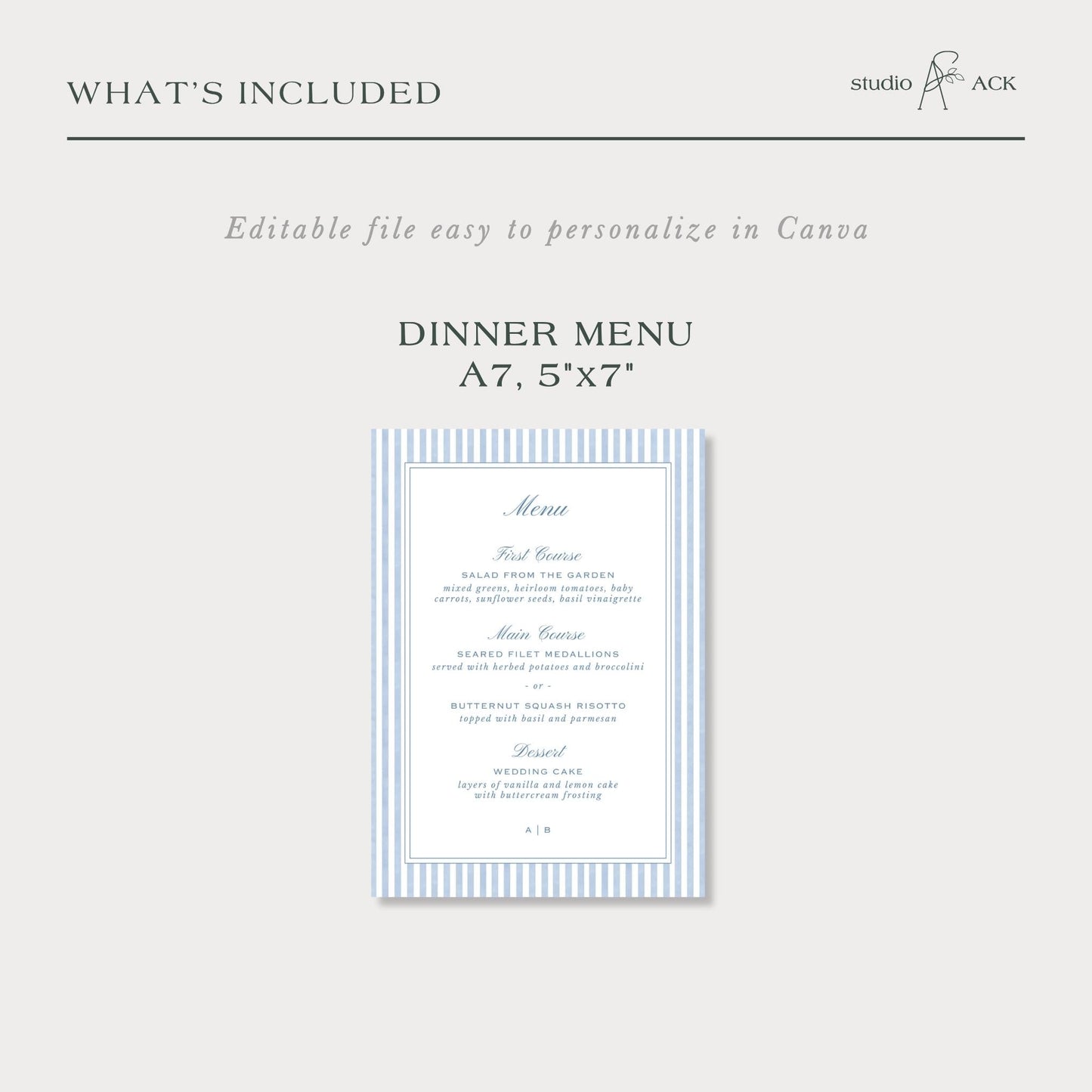 The image is a printed menu with a blue and white striped border, featuring a list of dinner menu items such as "First Course", "Salads from the Garden", "Main Course", "Seared Fillet Mignon", "Buttered Squash Risotto", and "Dessert". The menu is designed to be easily personalized in Canva, and it includes a "Editable file easy to personalize in Canva" option.