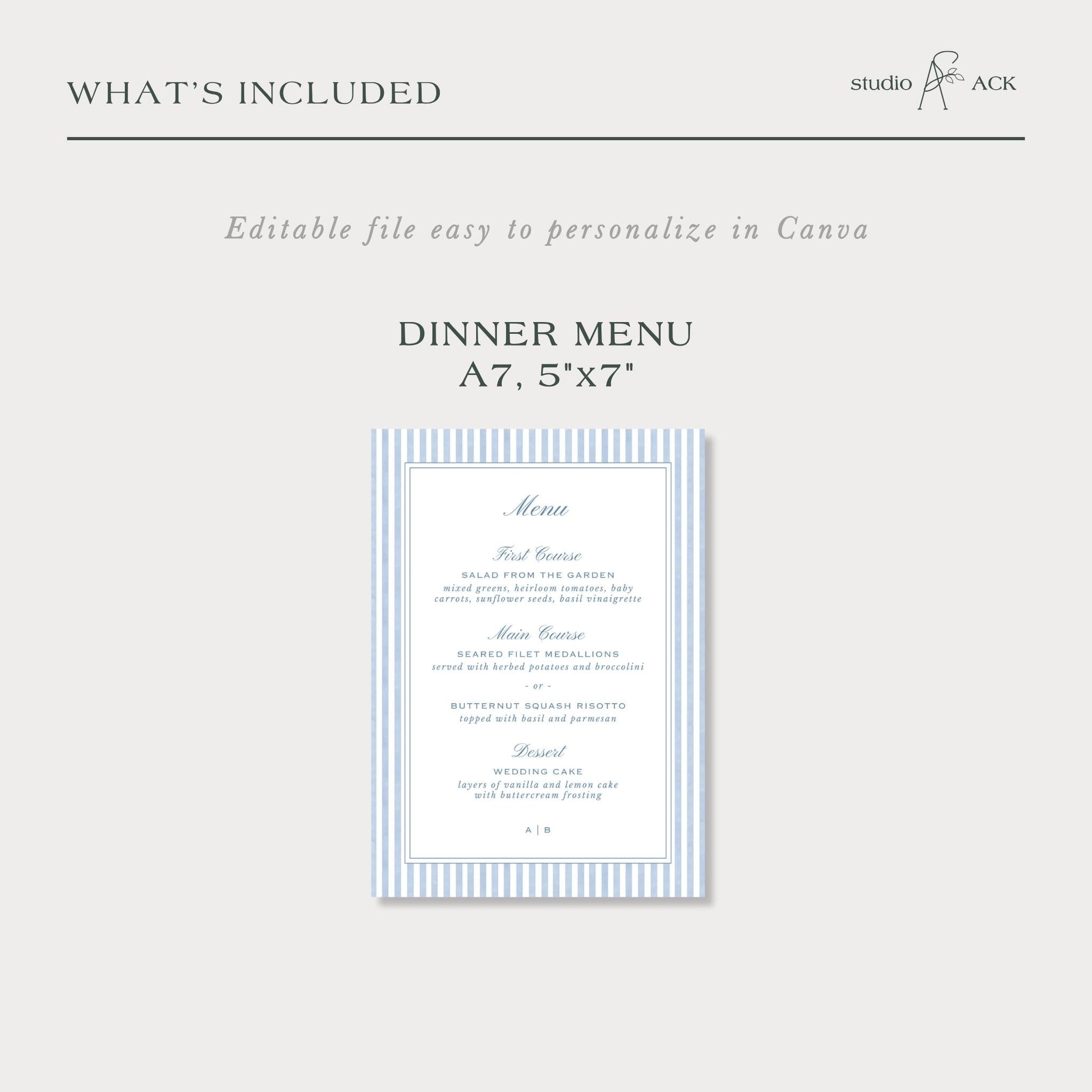 The image is a printed menu with a blue and white striped border, featuring a list of dinner menu items such as "First Course", "Salads from the Garden", "Main Course", "Seared Fillet Mignon", "Buttered Squash Risotto", and "Dessert". The menu is designed to be easily personalized in Canva, and it includes a "Editable file easy to personalize in Canva" option.