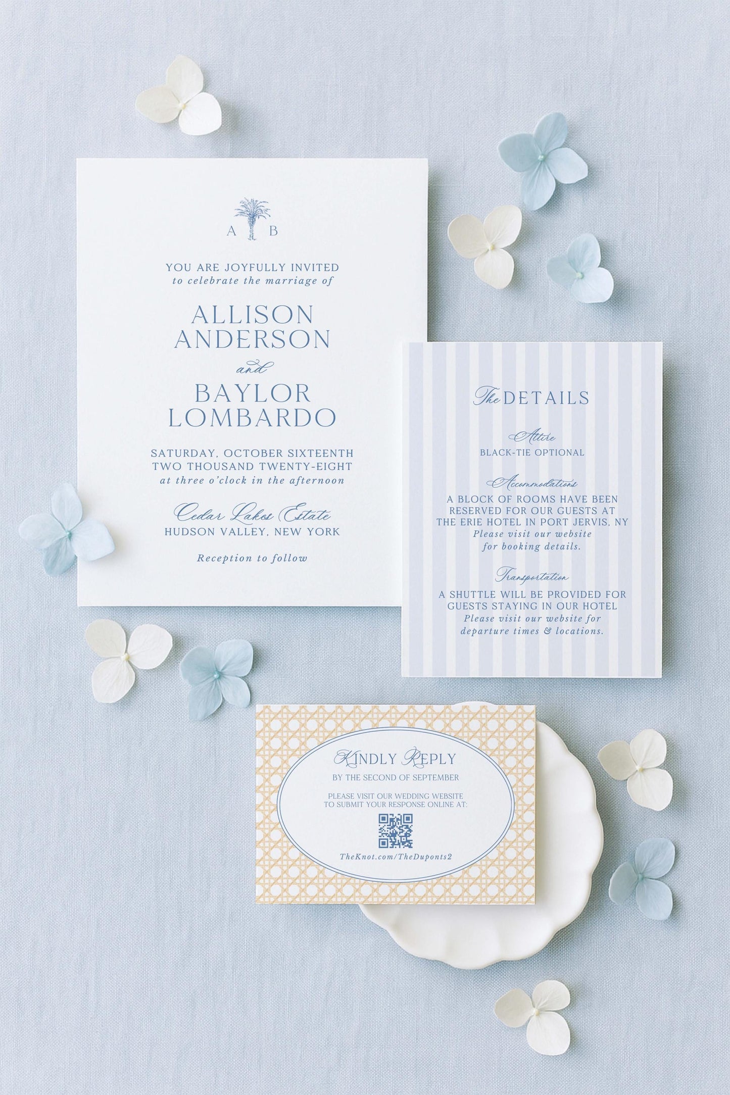 The image is a wedding invitation featuring the names Allison Anderson and Baylar Lombardo, along with details about the wedding ceremony and reception.