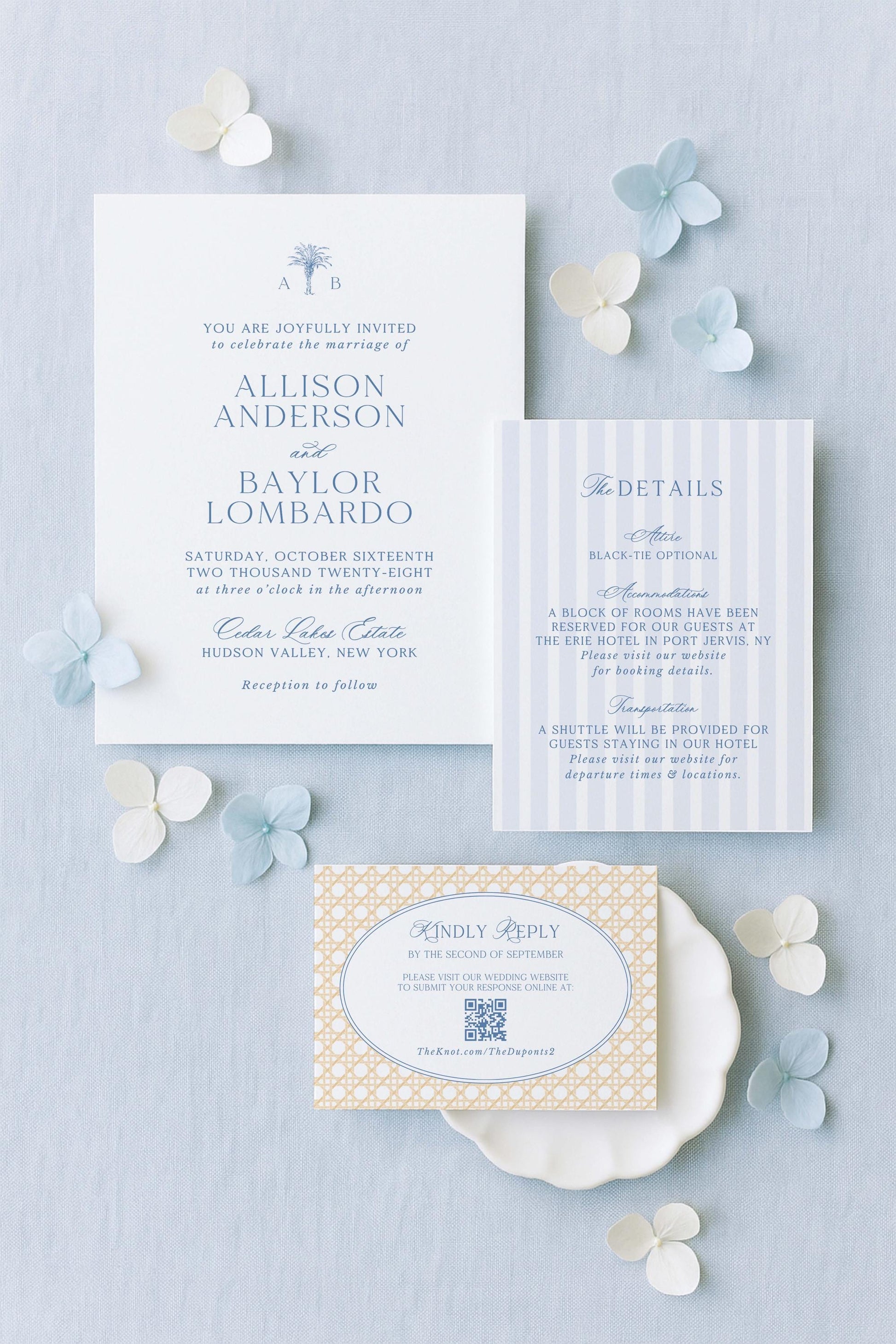The image is a wedding invitation featuring the names Allison Anderson and Baylar Lombardo, along with details about the wedding ceremony and reception.