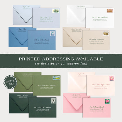 a collection of various printed address envelopes, each with different designs and colors, arranged in a grid-like pattern.