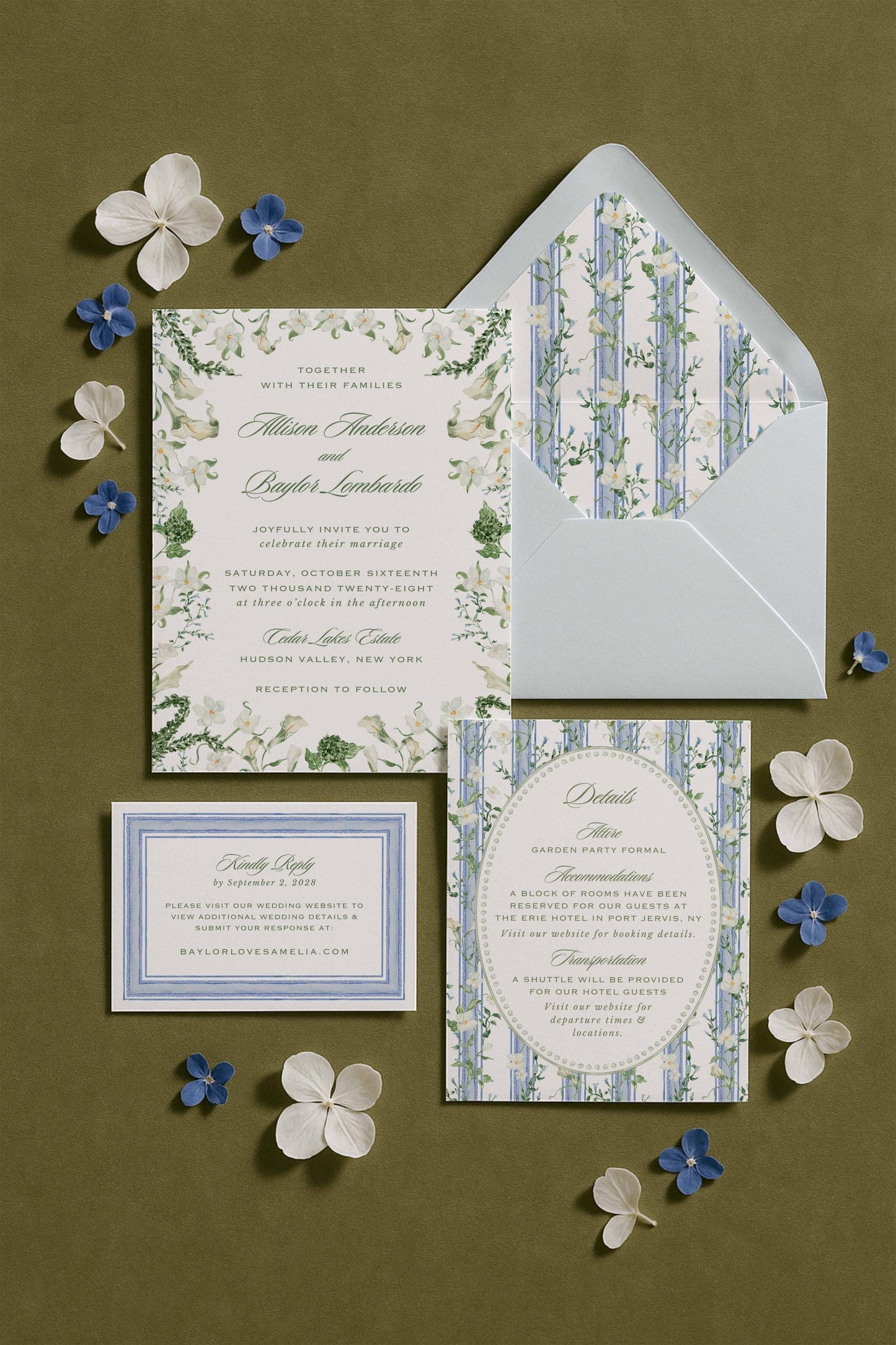 Blue, White & Green Wedding Invitation Suite Template