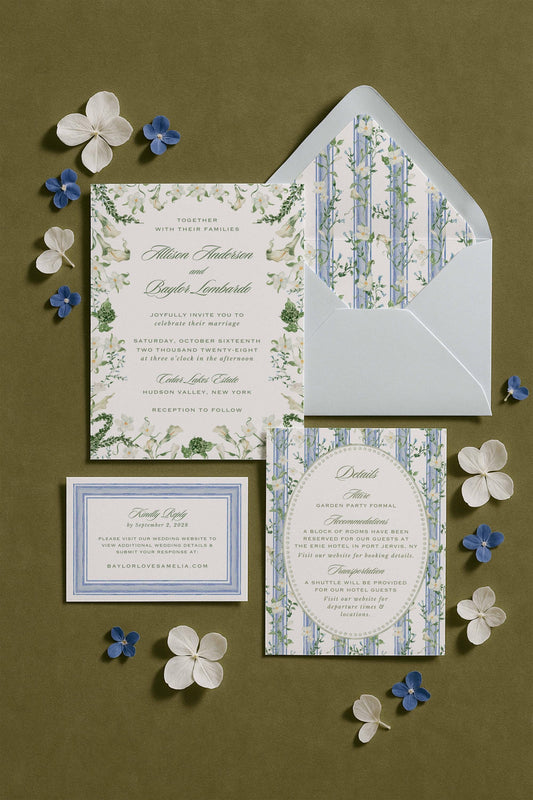 Blue, White & Green Wedding Invitation Suite Template