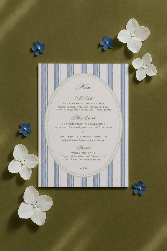 Blue, White & Green Wedding Menu Template