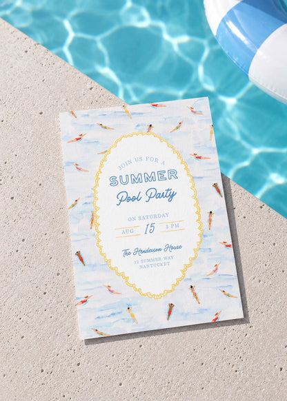 Summer Pool Party Invitation Template, Fun Hand Painted Watercolor Swim Party Invite, Summer Celebration, Poolside Event
