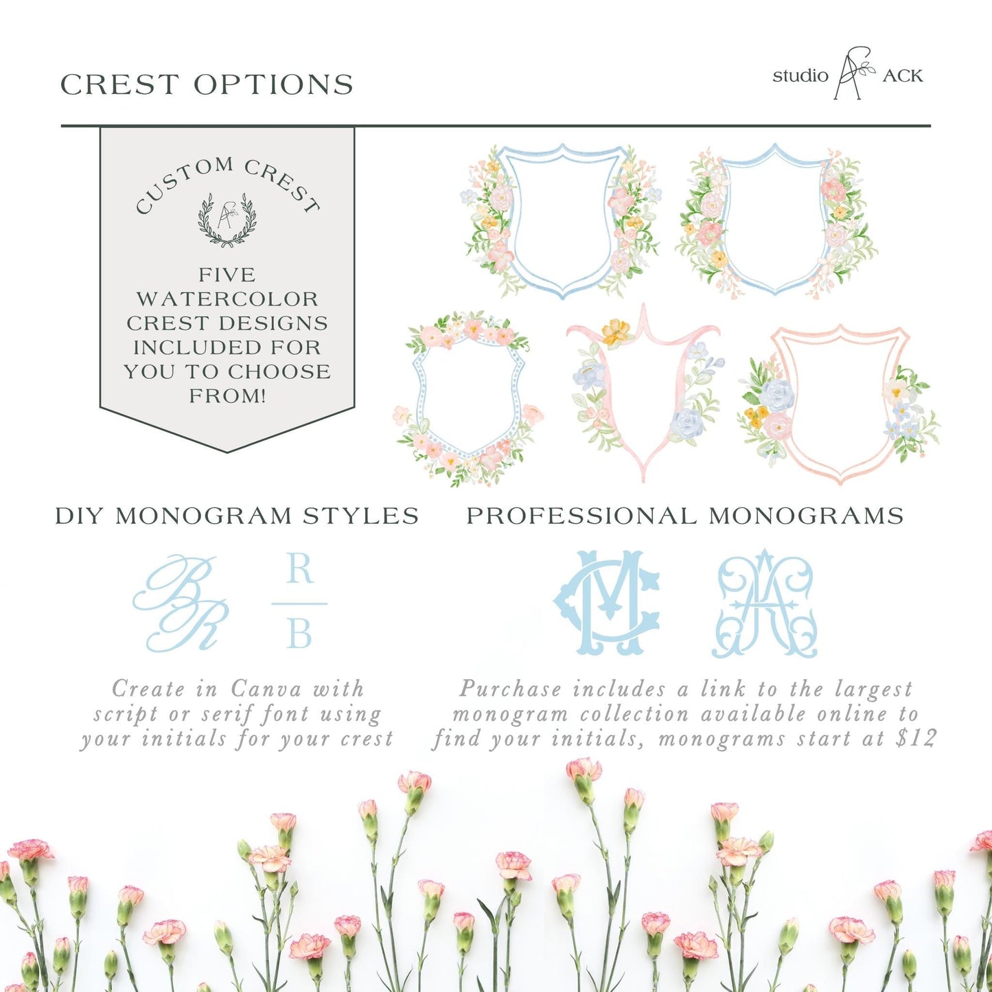 The image is a collage of various crest designs, including custom crests, DIY monogram styles, and professional monograms, all featuring floral elements and different color schemes.