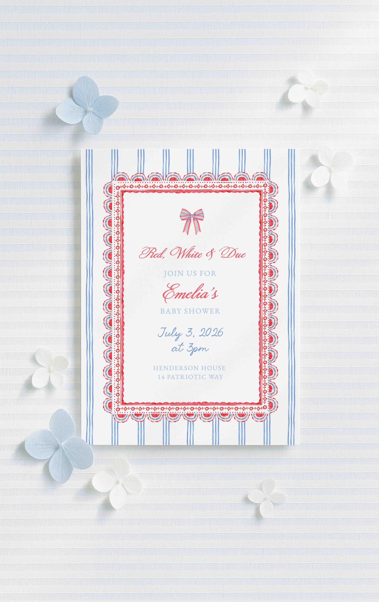 Red, White & Due Baby Shower Invitation Template