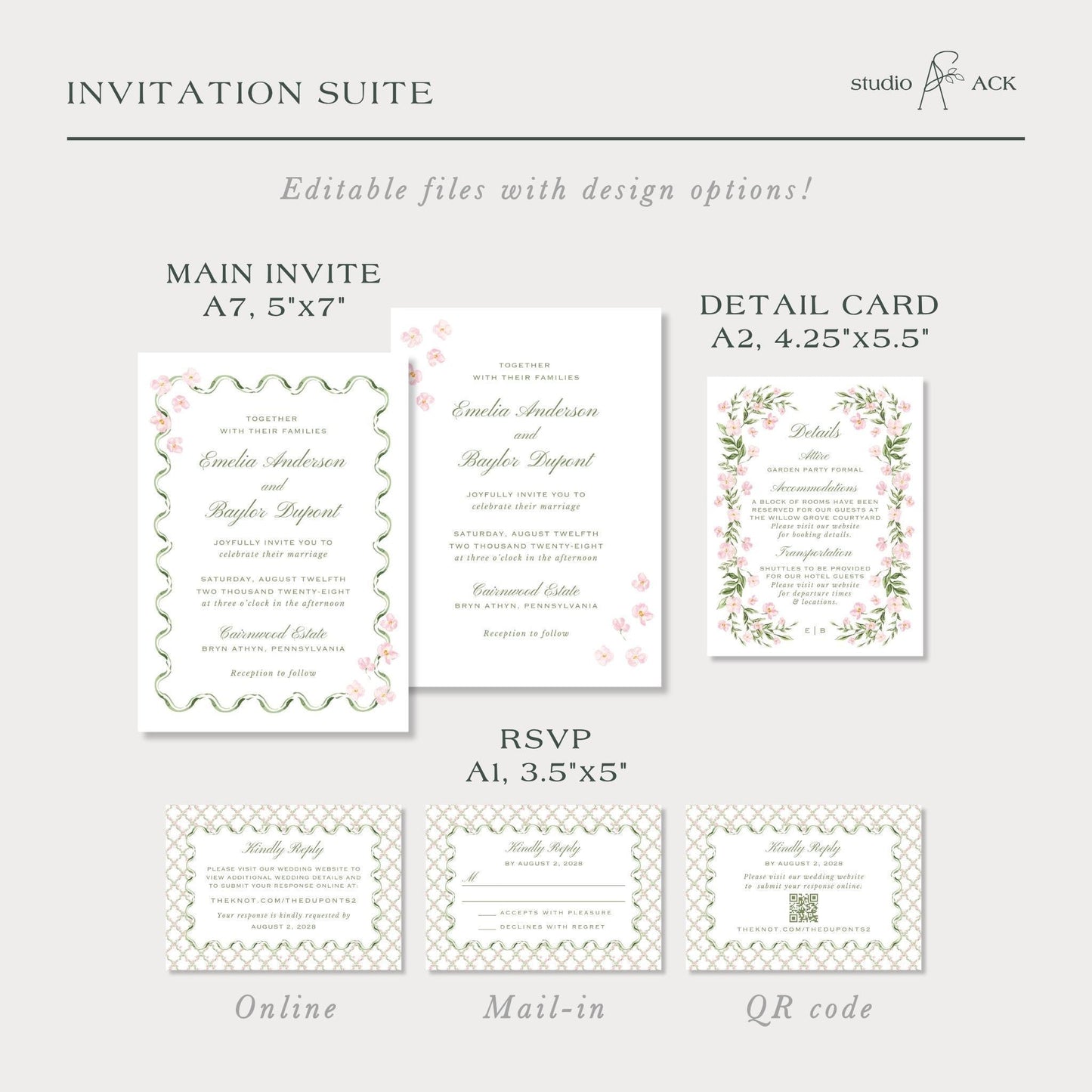 Watercolor Trellis Wedding Invitation Suite Template