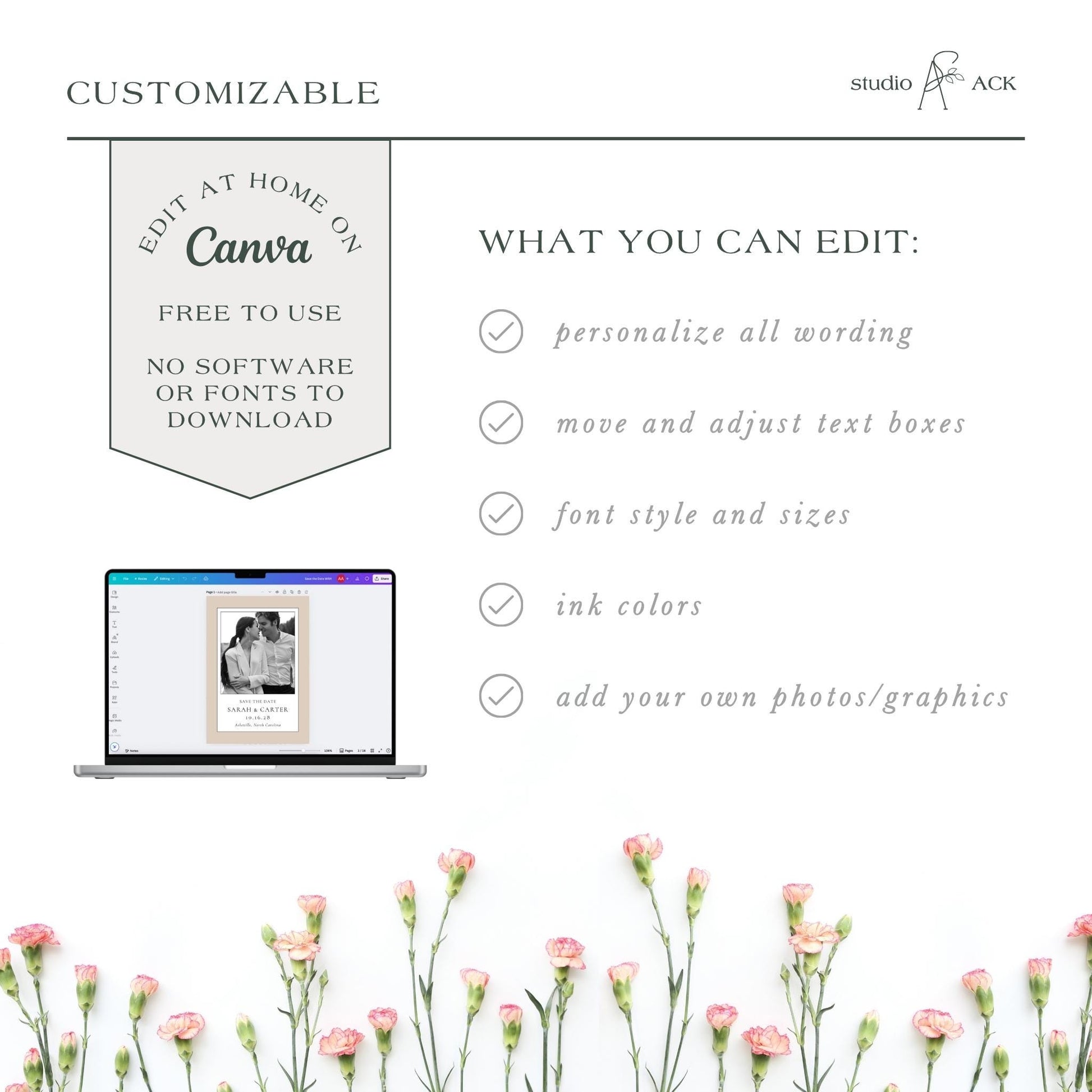 a laptop with a photo of a couple on its screen, surrounded by pink flowers.