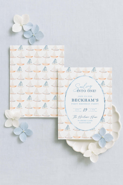 First Birthday Invite Template, Nautical Sailing Into One Boy 1st Birthday Party, Baby Boy Nautical Theme, Hand Painted Watercolor Sailboat