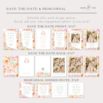 various images of wedding invitations and save-the-date cards, along with instructions for creating and editing these documents.