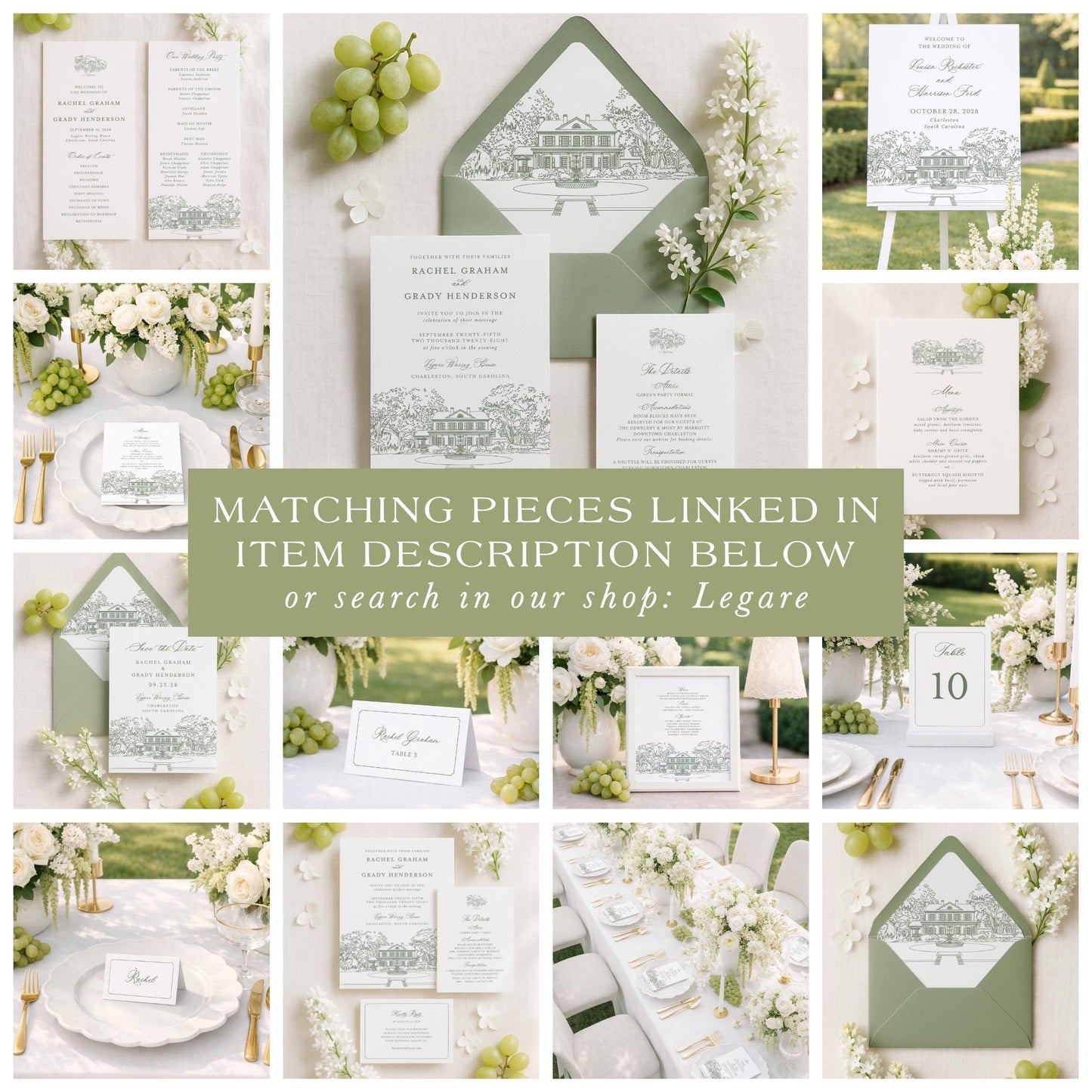 The image is a collage of various wedding-related items, including invitations, stationery, floral arrangements, and other decorative elements, all featuring a green and white color scheme.