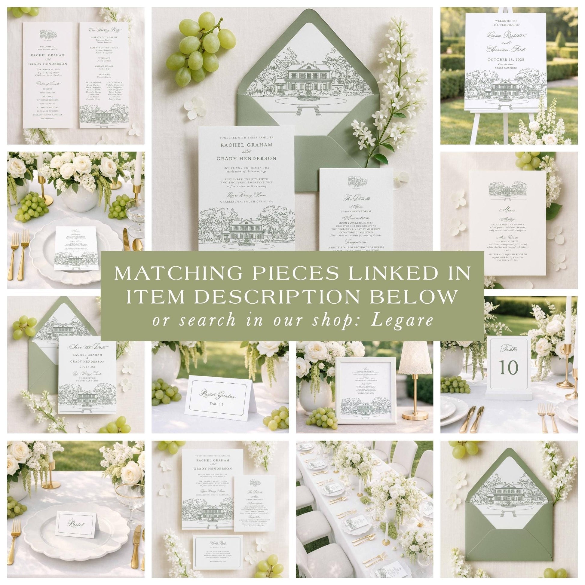 The image is a collage of various wedding-related items, including invitations, stationery, floral arrangements, and other decorative elements, all featuring a green and white color scheme.