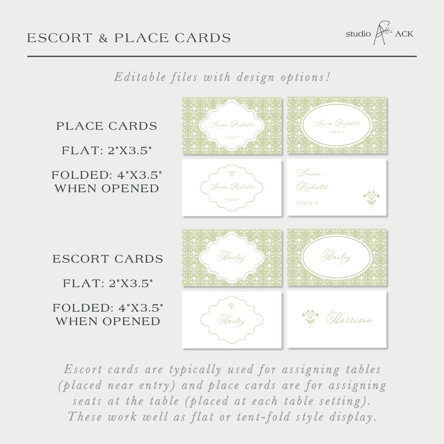 The image is a collection of place cards and escort cards, which are typically used for assigning tables and seating at a table. The place cards are in a flat style, measuring 2x3.5 inches, while the escort cards are folded in a 4x3.5-inch style. These cards are designed to be placed near the entryway and at each table setting, serving as place cards for guests to identify their seats.