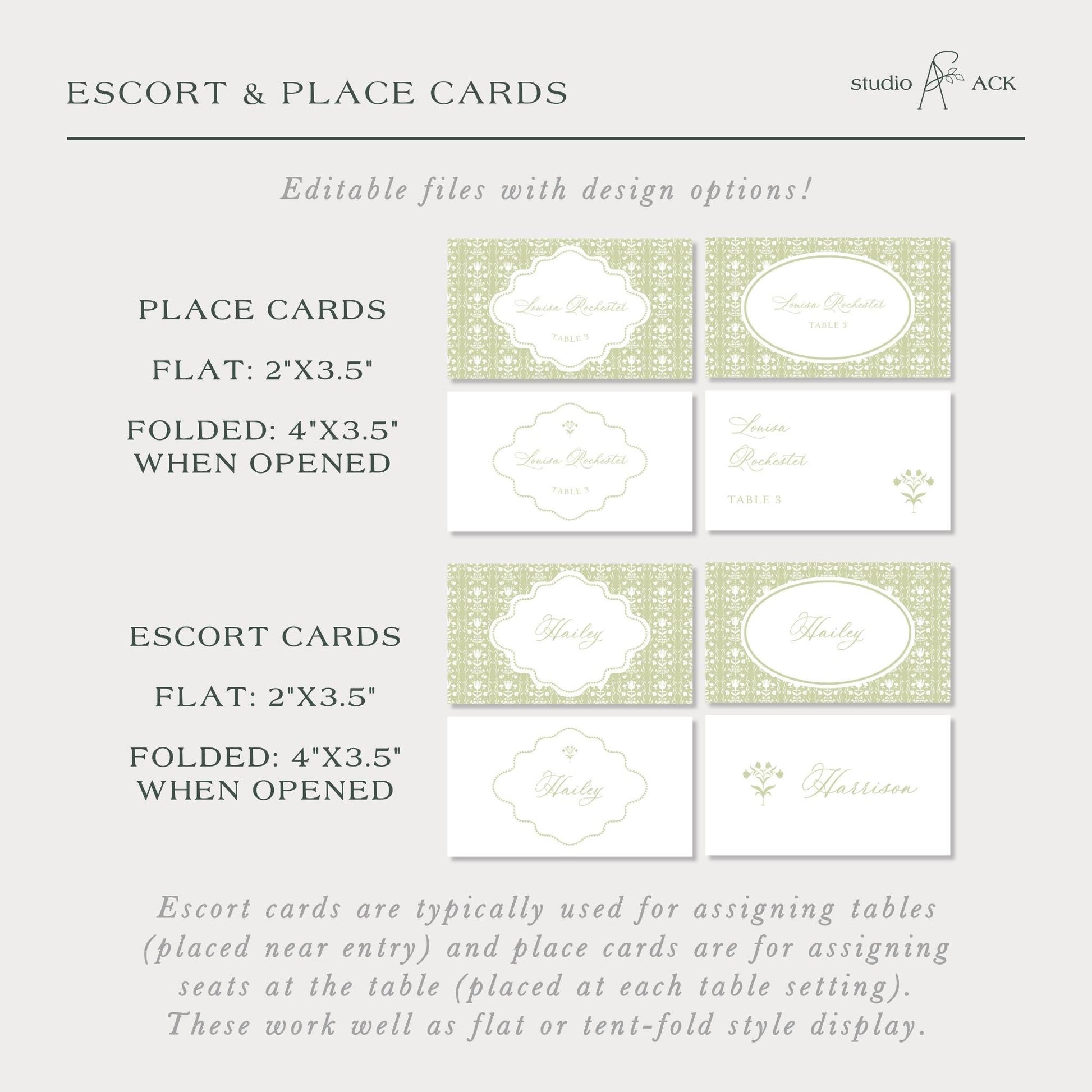 The image is a collection of place cards and escort cards, which are typically used for assigning tables and seating at a table. The place cards are in a flat style, measuring 2x3.5 inches, while the escort cards are folded in a 4x3.5-inch style. These cards are designed to be placed near the entryway and at each table setting, serving as place cards for guests to identify their seats.