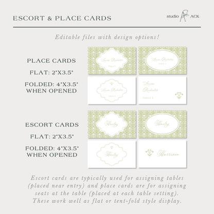 The image is a collection of place cards and escort cards, which are typically used for assigning tables and seating at a table. The place cards are in a flat style, measuring 2x3.5 inches, while the escort cards are folded in a 4x3.5-inch style. These cards are designed to be placed near the entryway and at each table setting, serving as place cards for guests to identify their seats.