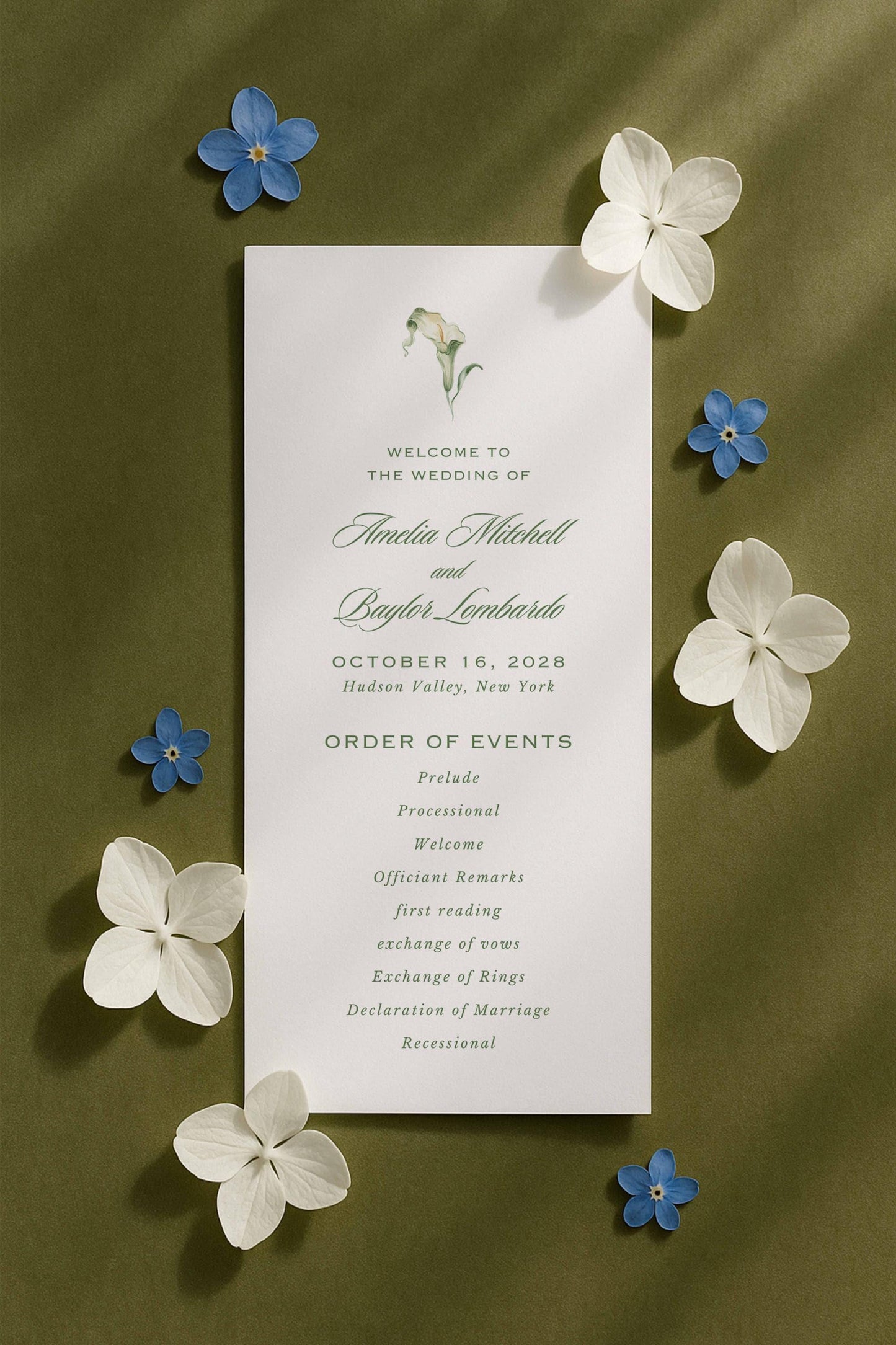 Blue, White & Green Wedding Program Template