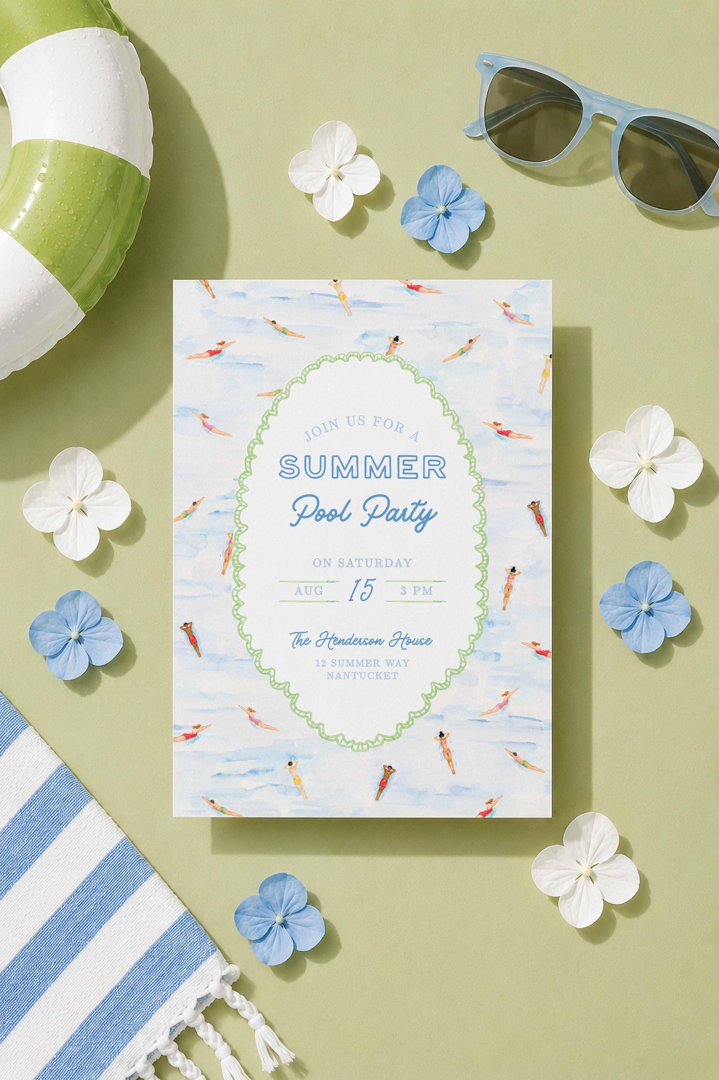 Summer Pool Party Invitation Template, Fun Hand Painted Watercolor Swim Party Invite, Summer Celebration, Poolside Event