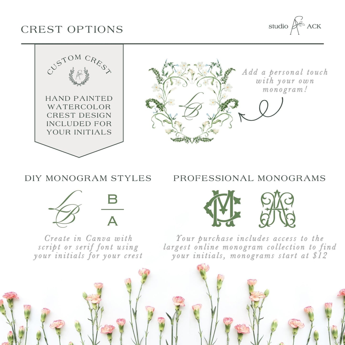 The image is a collage of various monogram styles and options for creating a custom crest. It includes hand-painted watercolor designs, DIY monogram styles, and professional monograms. The image does not contain any text that would describe each individual monogram style or provide additional information about the options available.