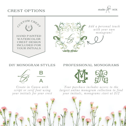 The image is a collage of various monogram styles and options for creating a custom crest. It includes hand-painted watercolor designs, DIY monogram styles, and professional monograms. The image does not contain any text that would describe each individual monogram style or provide additional information about the options available.