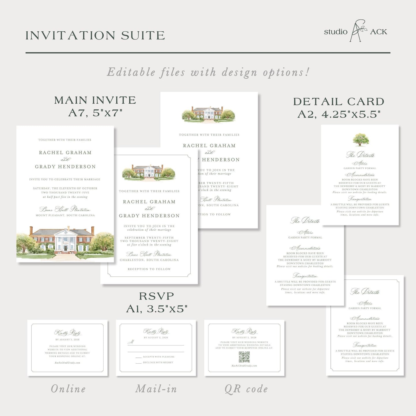 Boone Hall Wedding Invitation Suite Template