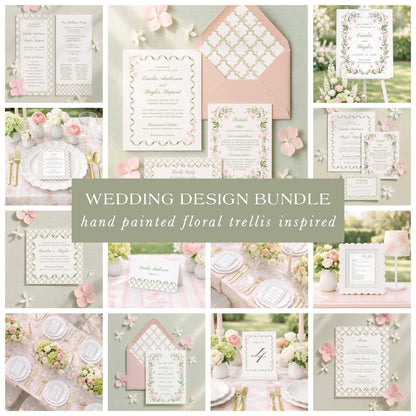 The image is a collage of various wedding design elements, including floral arrangements, stationery, table settings, and other decorative items, all with a pink and white color scheme.