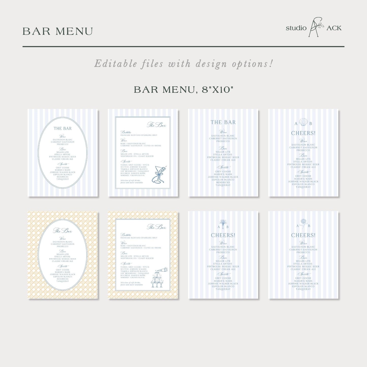 a collection of bar menu designs, each with a different layout and color scheme. The menu designs include various sections for drinks, appetizers, main courses, and desserts, as well as a section for drinks and a section for drinks and appetizers. The designs feature a mix of blue, white, and yellow colors, with some text and decorative elements such as icons and illustrations. The layout of the menu designs is diverse, showcasing different styles and layouts that can be used for a bar menu.