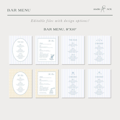 a collection of bar menu designs, each with a different layout and color scheme. The menu designs include various sections for drinks, appetizers, main courses, and desserts, as well as a section for drinks and a section for drinks and appetizers. The designs feature a mix of blue, white, and yellow colors, with some text and decorative elements such as icons and illustrations. The layout of the menu designs is diverse, showcasing different styles and layouts that can be used for a bar menu.