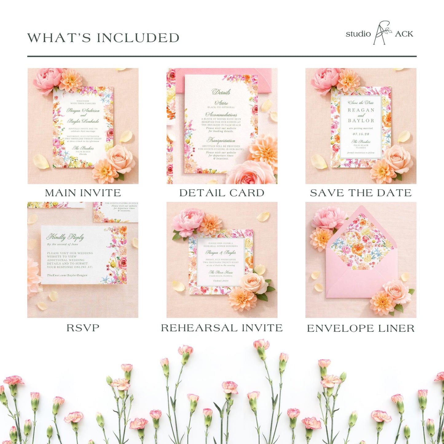 The image is a collage of six different wedding invitation designs, each with a unique floral theme and color scheme. The designs include a main invite, a detail card, a save the date card, an RSVP, a rehearsal invite, and an envelope liner. The images showcase the various elements of these wedding invitation designs, such as the text, the layout, and the overall aesthetic.