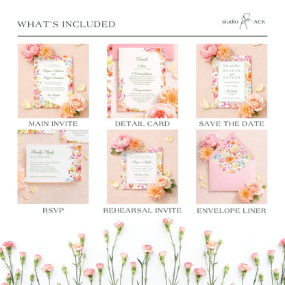 The image is a collage of six different wedding invitation designs, each with a unique floral theme and color scheme. The designs include a main invite, a detail card, a save the date card, an RSVP, a rehearsal invite, and an envelope liner. The images showcase the various elements of these wedding invitation designs, such as the text, the layout, and the overall aesthetic.