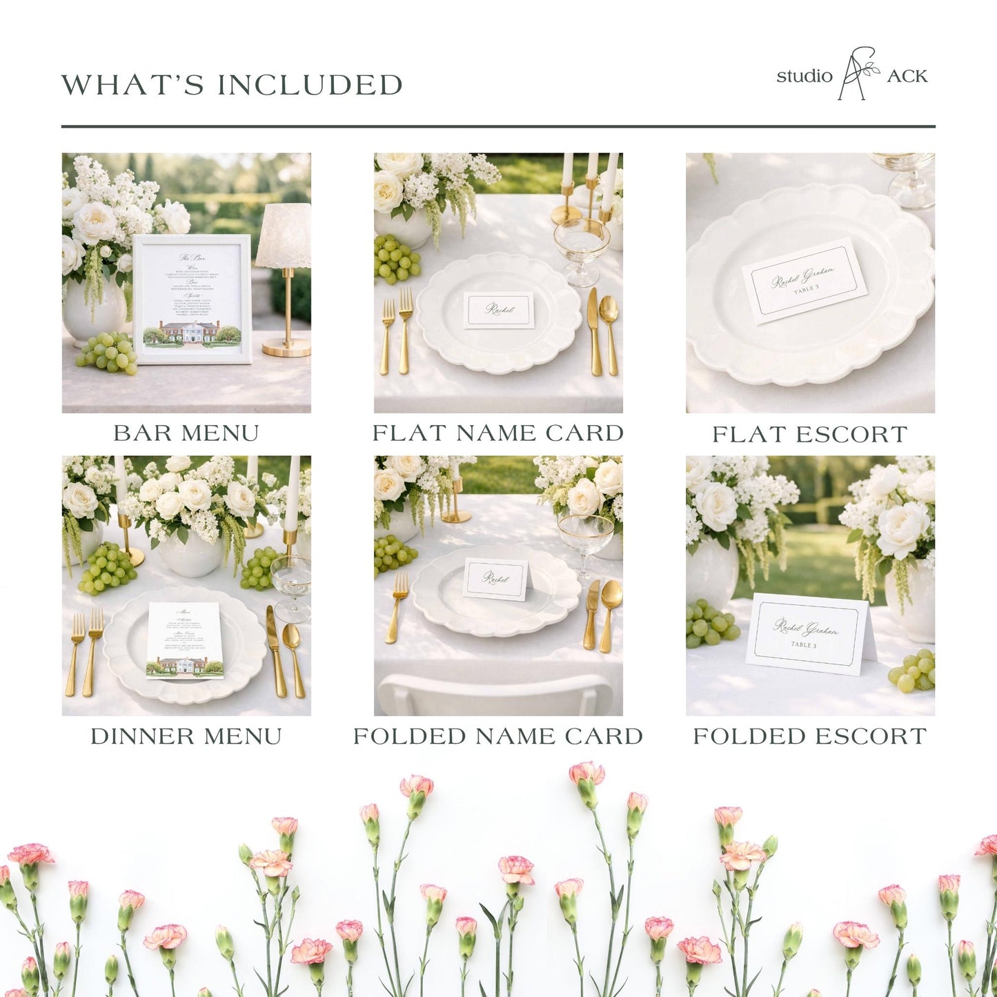 The image is a collage of six photos depicting various elements of a wedding reception, including table settings, floral arrangements, and name cards.