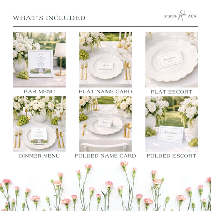 The image is a collage of six photos depicting various elements of a wedding reception, including table settings, floral arrangements, and name cards.